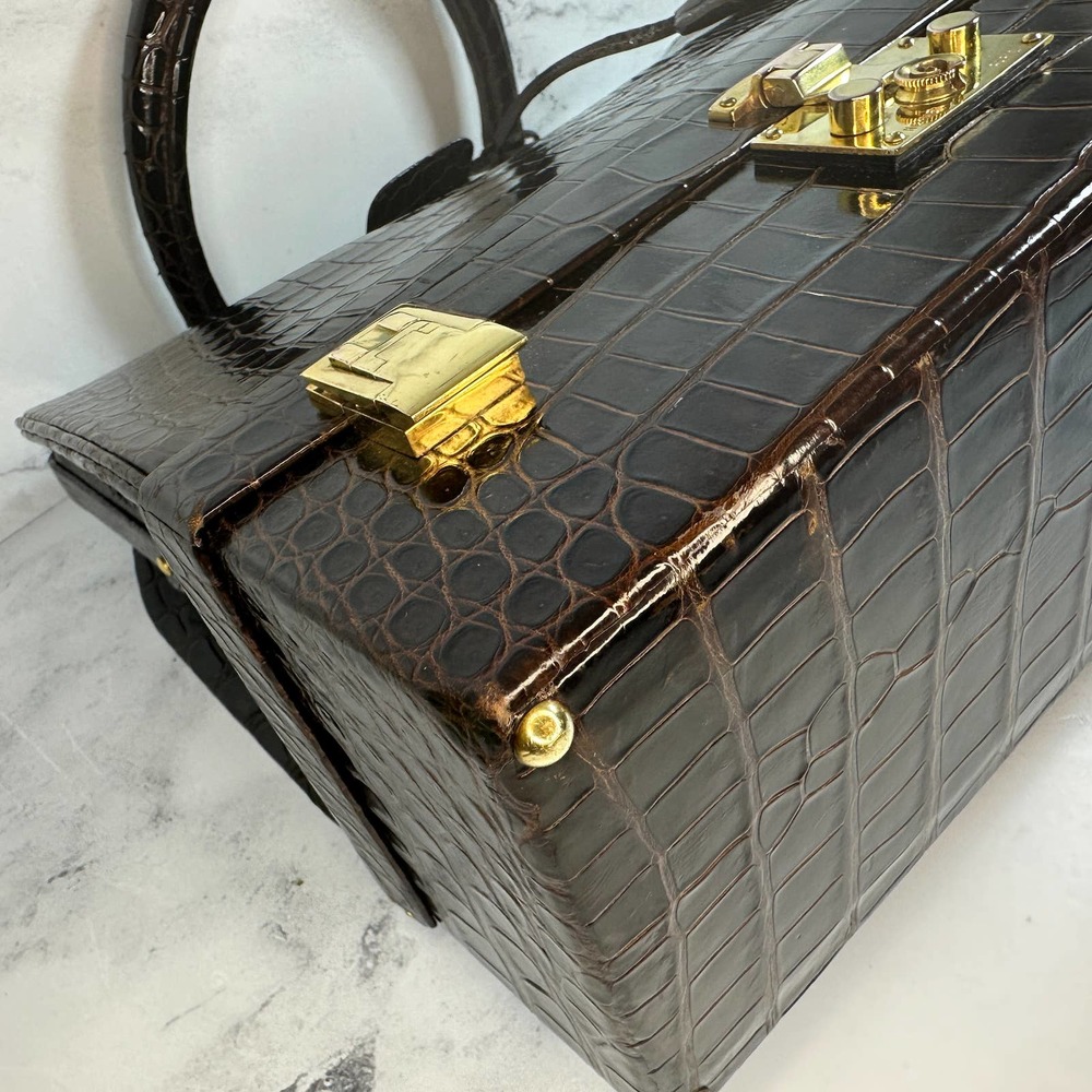 ❌❌ Hermes Crocodile Doctor's Bag Sac Mallette Marron Fonce Shiny Vintage tote - Picture 13 of 16